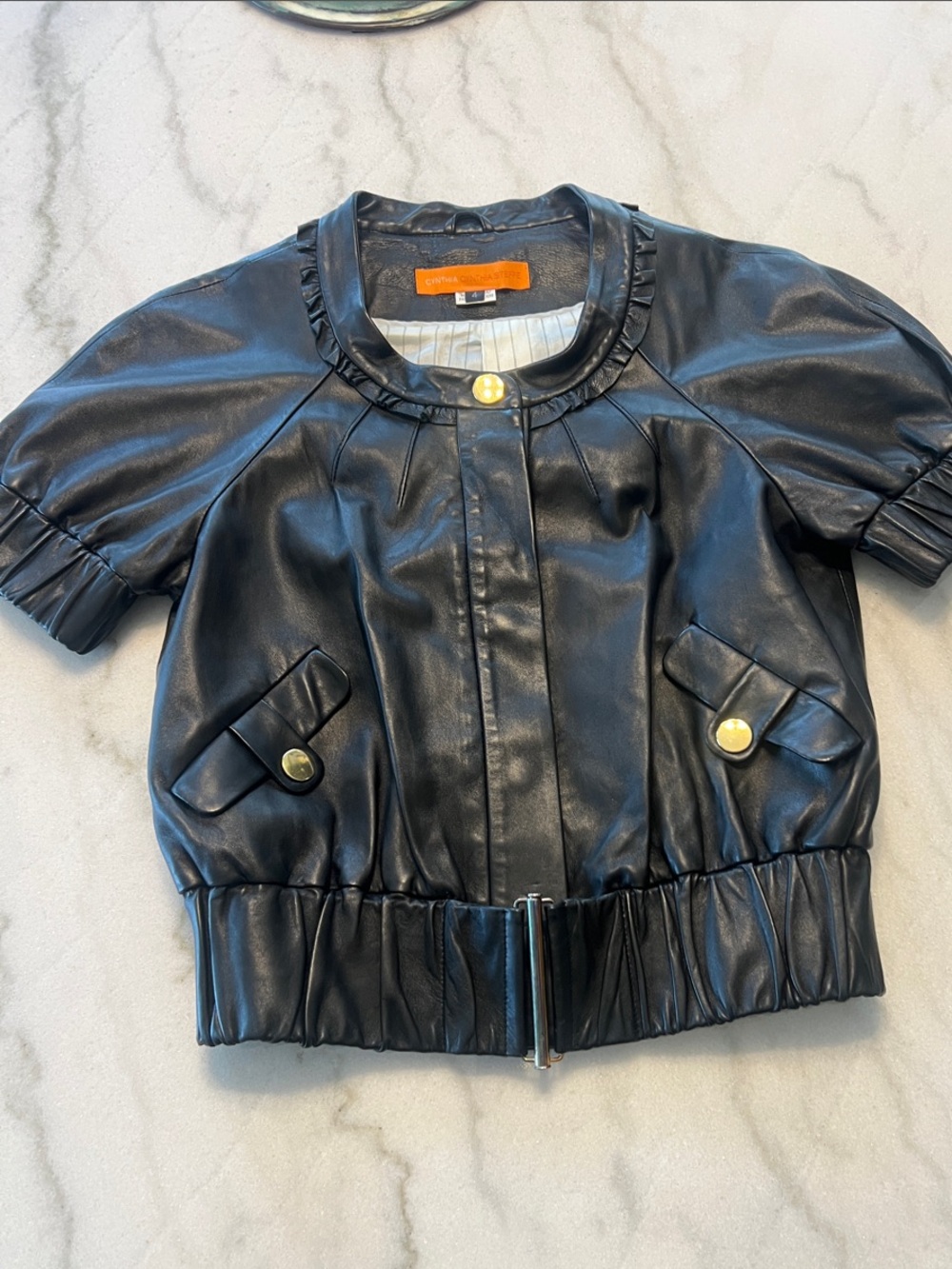 Cynthia Steffe Black Faux Leather Cropped  Jacket with Puff Sleeves Size 4
